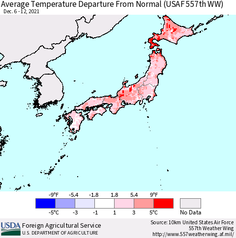 Japan Average Temperature Departure from Normal (USAF 557th WW) Thematic Map For 12/6/2021 - 12/12/2021