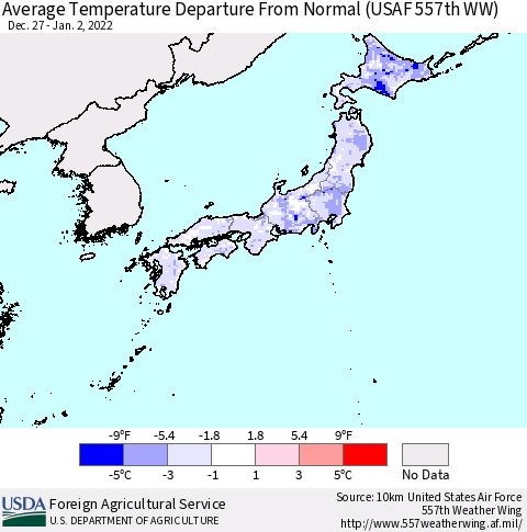 Japan Average Temperature Departure from Normal (USAF 557th WW) Thematic Map For 12/27/2021 - 1/2/2022