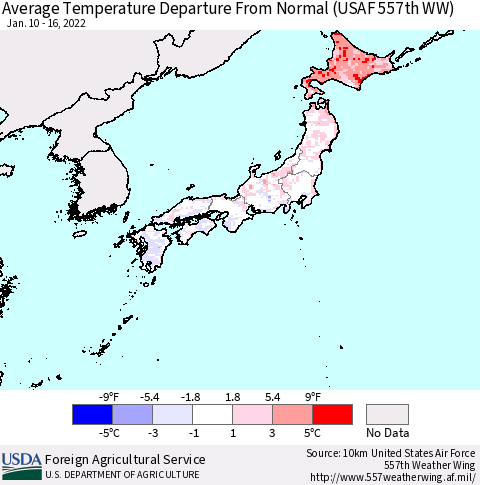 Japan Average Temperature Departure from Normal (USAF 557th WW) Thematic Map For 1/10/2022 - 1/16/2022