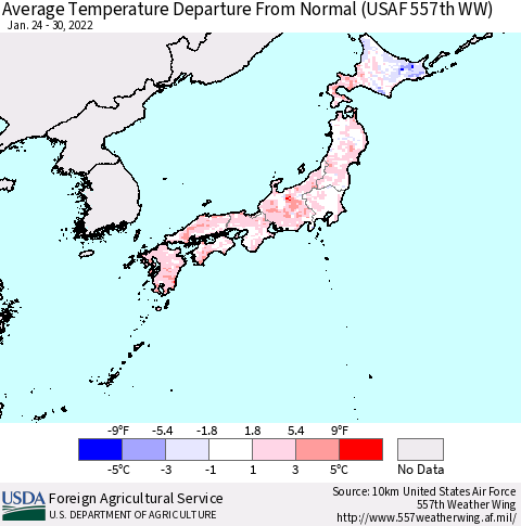 Japan Average Temperature Departure from Normal (USAF 557th WW) Thematic Map For 1/24/2022 - 1/30/2022