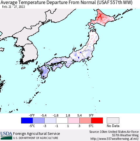 Japan Average Temperature Departure from Normal (USAF 557th WW) Thematic Map For 2/21/2022 - 2/27/2022