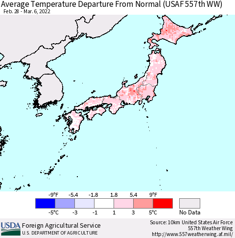 Japan Average Temperature Departure from Normal (USAF 557th WW) Thematic Map For 2/28/2022 - 3/6/2022