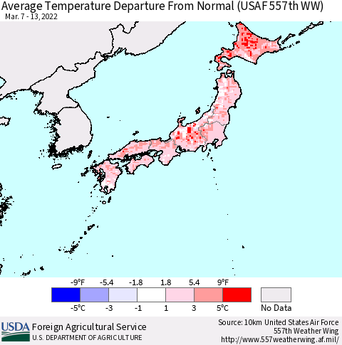 Japan Average Temperature Departure from Normal (USAF 557th WW) Thematic Map For 3/7/2022 - 3/13/2022