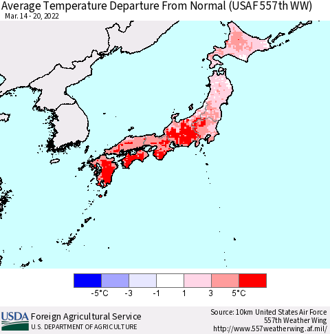 Japan Average Temperature Departure from Normal (USAF 557th WW) Thematic Map For 3/14/2022 - 3/20/2022