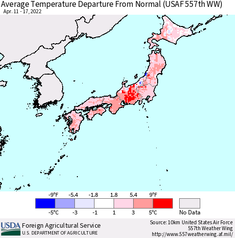 Japan Average Temperature Departure from Normal (USAF 557th WW) Thematic Map For 4/11/2022 - 4/17/2022