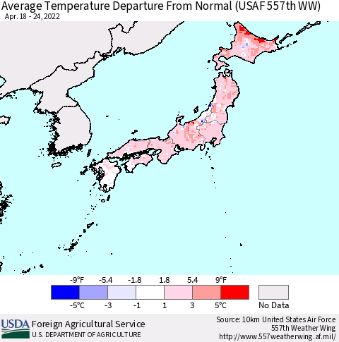 Japan Average Temperature Departure from Normal (USAF 557th WW) Thematic Map For 4/18/2022 - 4/24/2022