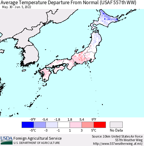 Japan Average Temperature Departure from Normal (USAF 557th WW) Thematic Map For 5/30/2022 - 6/5/2022