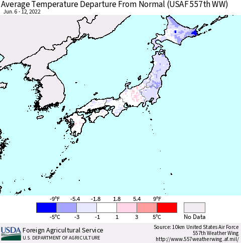 Japan Average Temperature Departure from Normal (USAF 557th WW) Thematic Map For 6/6/2022 - 6/12/2022