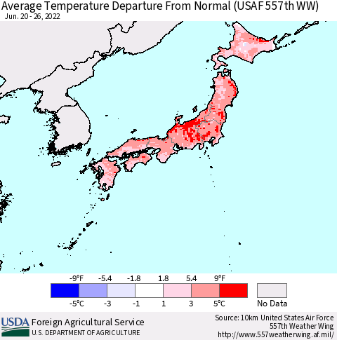 Japan Average Temperature Departure from Normal (USAF 557th WW) Thematic Map For 6/20/2022 - 6/26/2022