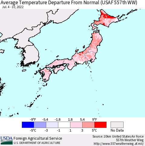 Japan Average Temperature Departure from Normal (USAF 557th WW) Thematic Map For 7/4/2022 - 7/10/2022