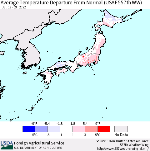 Japan Average Temperature Departure from Normal (USAF 557th WW) Thematic Map For 7/18/2022 - 7/24/2022
