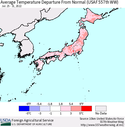 Japan Average Temperature Departure from Normal (USAF 557th WW) Thematic Map For 7/25/2022 - 7/31/2022