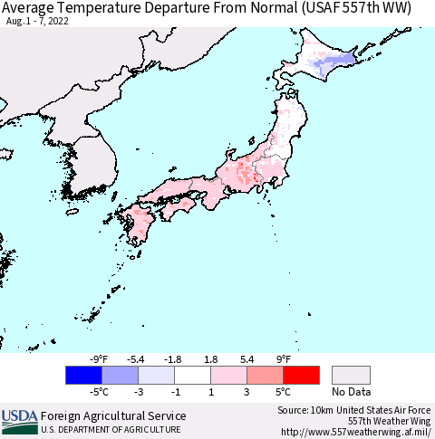 Japan Average Temperature Departure from Normal (USAF 557th WW) Thematic Map For 8/1/2022 - 8/7/2022