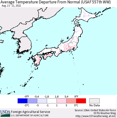 Japan Average Temperature Departure from Normal (USAF 557th WW) Thematic Map For 8/15/2022 - 8/21/2022
