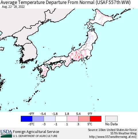 Japan Average Temperature Departure from Normal (USAF 557th WW) Thematic Map For 8/22/2022 - 8/28/2022
