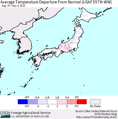 Japan Average Temperature Departure from Normal (USAF 557th WW) Thematic Map For 8/29/2022 - 9/4/2022