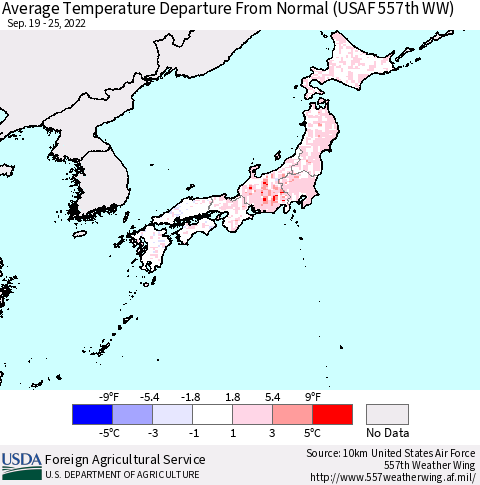 Japan Average Temperature Departure from Normal (USAF 557th WW) Thematic Map For 9/19/2022 - 9/25/2022