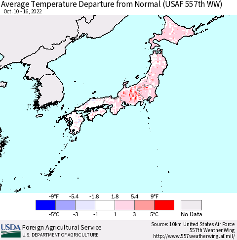 Japan Average Temperature Departure from Normal (USAF 557th WW) Thematic Map For 10/10/2022 - 10/16/2022