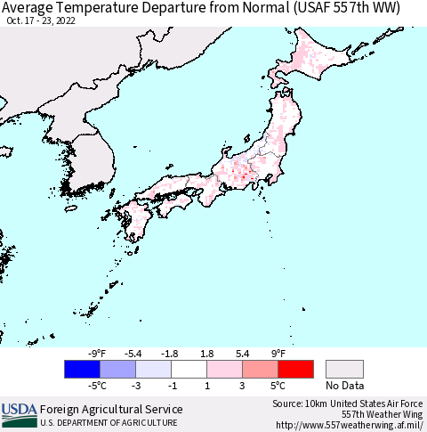 Japan Average Temperature Departure from Normal (USAF 557th WW) Thematic Map For 10/17/2022 - 10/23/2022