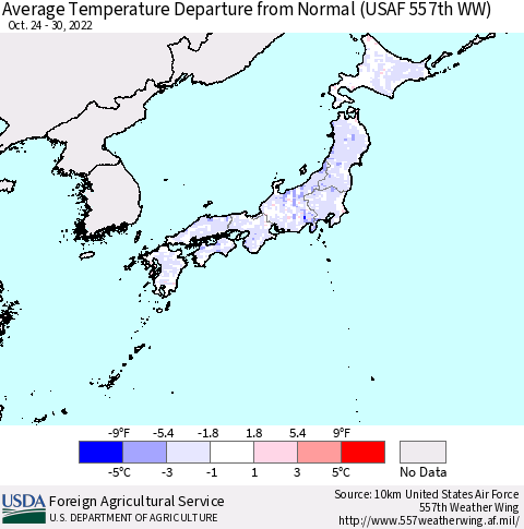 Japan Average Temperature Departure from Normal (USAF 557th WW) Thematic Map For 10/24/2022 - 10/30/2022