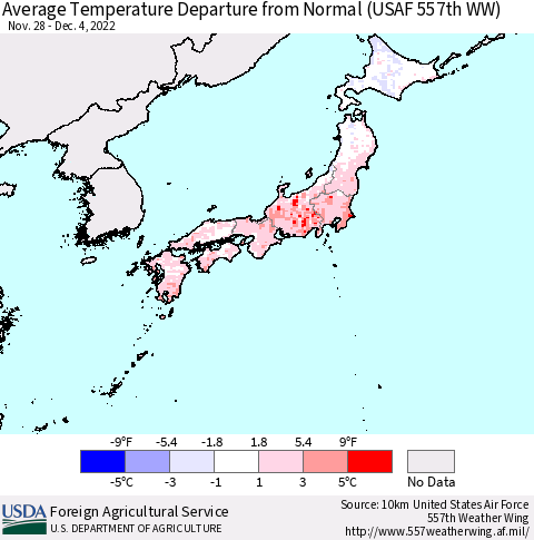 Japan Average Temperature Departure from Normal (USAF 557th WW) Thematic Map For 11/28/2022 - 12/4/2022