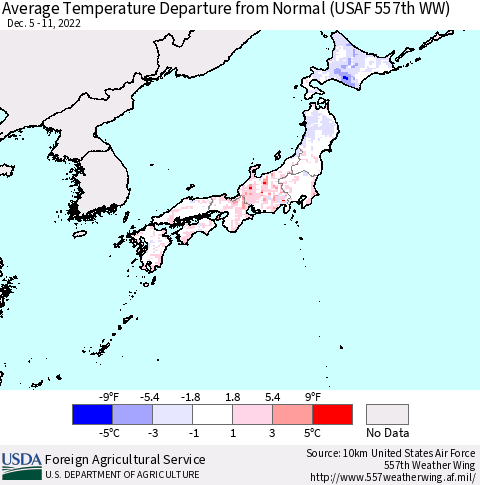 Japan Average Temperature Departure from Normal (USAF 557th WW) Thematic Map For 12/5/2022 - 12/11/2022