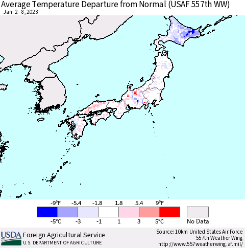 Japan Average Temperature Departure from Normal (USAF 557th WW) Thematic Map For 1/2/2023 - 1/8/2023