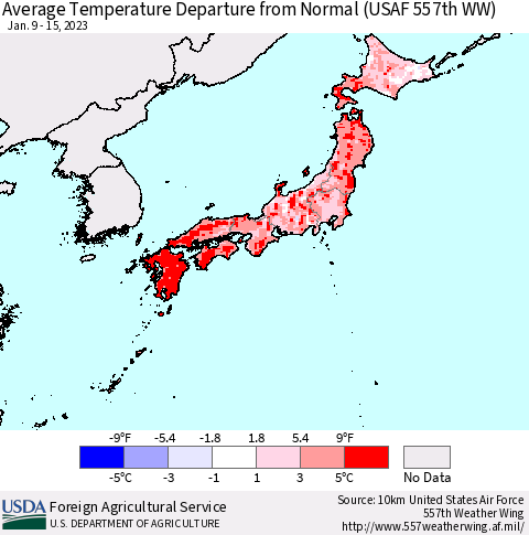 Japan Average Temperature Departure from Normal (USAF 557th WW) Thematic Map For 1/9/2023 - 1/15/2023