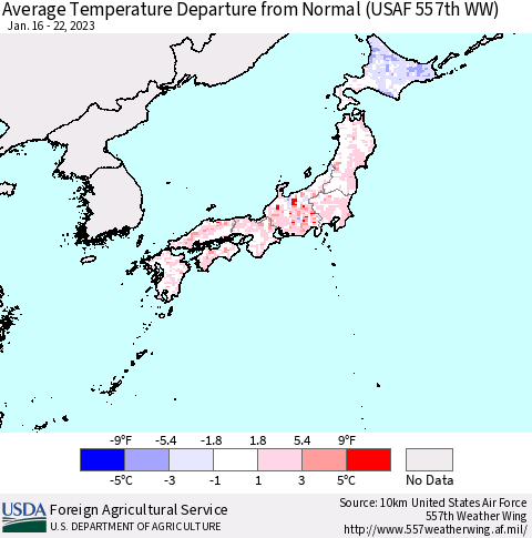 Japan Average Temperature Departure from Normal (USAF 557th WW) Thematic Map For 1/16/2023 - 1/22/2023