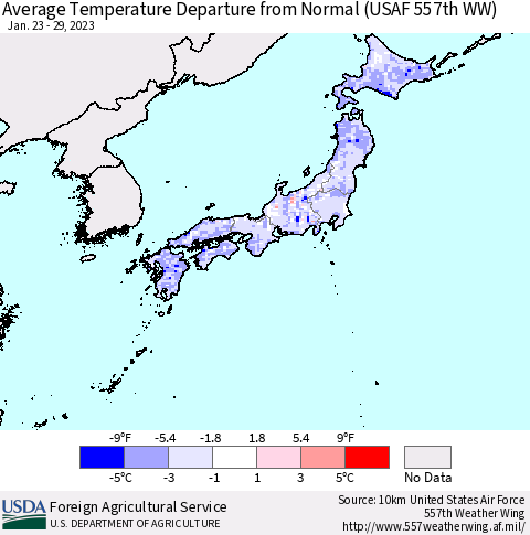 Japan Average Temperature Departure from Normal (USAF 557th WW) Thematic Map For 1/23/2023 - 1/29/2023