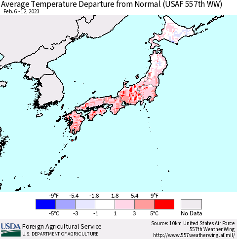 Japan Average Temperature Departure from Normal (USAF 557th WW) Thematic Map For 2/6/2023 - 2/12/2023