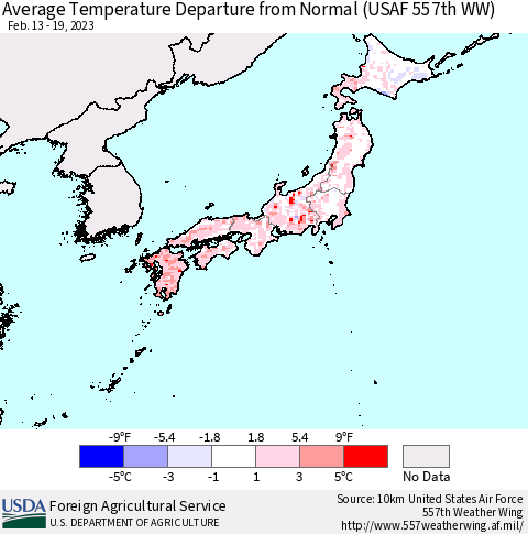 Japan Average Temperature Departure from Normal (USAF 557th WW) Thematic Map For 2/13/2023 - 2/19/2023