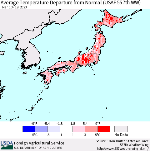 Japan Average Temperature Departure from Normal (USAF 557th WW) Thematic Map For 3/13/2023 - 3/19/2023
