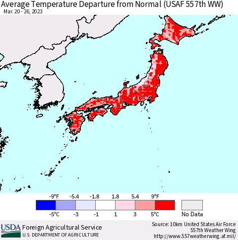 Japan Average Temperature Departure from Normal (USAF 557th WW) Thematic Map For 3/20/2023 - 3/26/2023