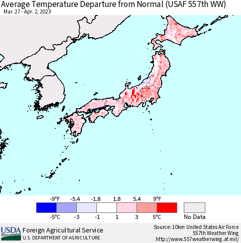 Japan Average Temperature Departure from Normal (USAF 557th WW) Thematic Map For 3/27/2023 - 4/2/2023