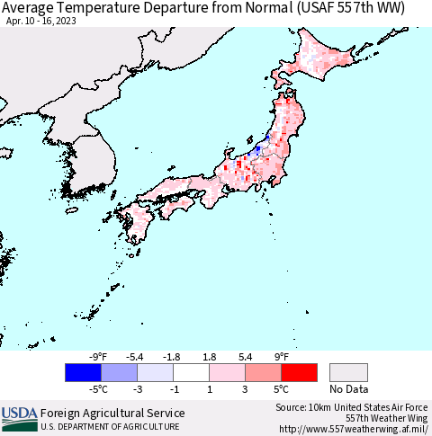 Japan Average Temperature Departure from Normal (USAF 557th WW) Thematic Map For 4/10/2023 - 4/16/2023