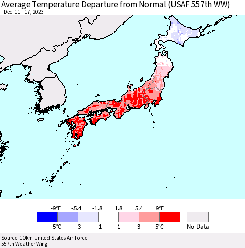 Japan Average Temperature Departure from Normal (USAF 557th WW) Thematic Map For 12/11/2023 - 12/17/2023