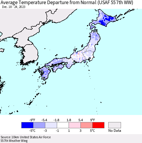 Japan Average Temperature Departure from Normal (USAF 557th WW) Thematic Map For 12/18/2023 - 12/24/2023