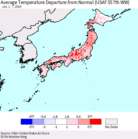 Japan Average Temperature Departure from Normal (USAF 557th WW) Thematic Map For 1/1/2024 - 1/7/2024