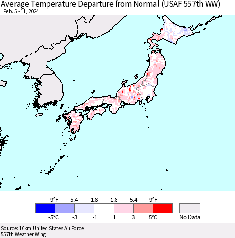 Japan Average Temperature Departure from Normal (USAF 557th WW) Thematic Map For 2/5/2024 - 2/11/2024