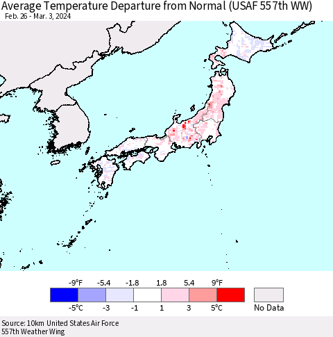 Japan Average Temperature Departure from Normal (USAF 557th WW) Thematic Map For 2/26/2024 - 3/3/2024