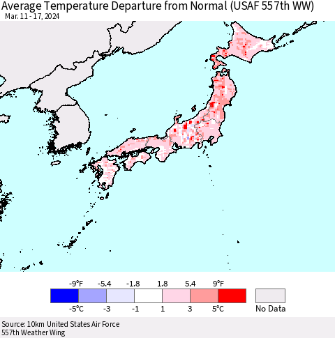 Japan Average Temperature Departure from Normal (USAF 557th WW) Thematic Map For 3/11/2024 - 3/17/2024