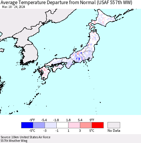 Japan Average Temperature Departure from Normal (USAF 557th WW) Thematic Map For 3/18/2024 - 3/24/2024