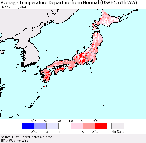 Japan Average Temperature Departure from Normal (USAF 557th WW) Thematic Map For 3/25/2024 - 3/31/2024