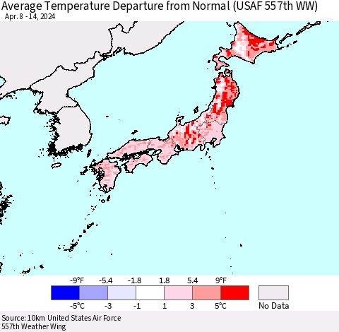 Japan Average Temperature Departure from Normal (USAF 557th WW) Thematic Map For 4/8/2024 - 4/14/2024