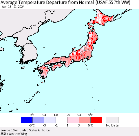 Japan Average Temperature Departure from Normal (USAF 557th WW) Thematic Map For 4/15/2024 - 4/21/2024