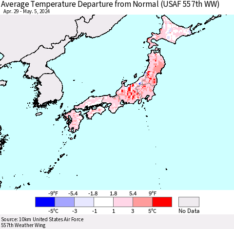 Japan Average Temperature Departure from Normal (USAF 557th WW) Thematic Map For 4/29/2024 - 5/5/2024