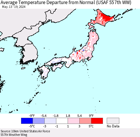 Japan Average Temperature Departure from Normal (USAF 557th WW) Thematic Map For 5/13/2024 - 5/19/2024