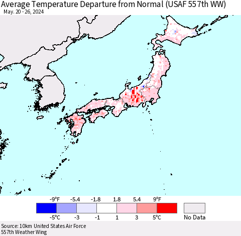 Japan Average Temperature Departure from Normal (USAF 557th WW) Thematic Map For 5/20/2024 - 5/26/2024