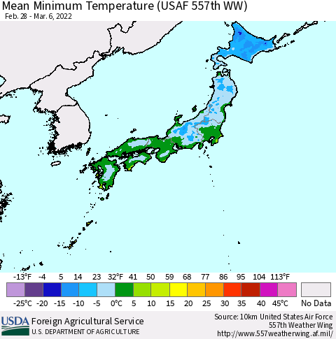 Japan Mean Minimum Temperature (USAF 557th WW) Thematic Map For 2/28/2022 - 3/6/2022